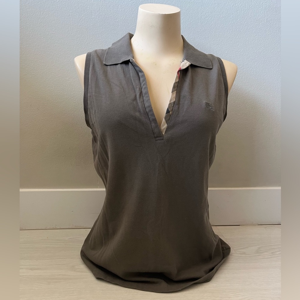 Burberry Dark Grey Sleeveless Polo Tank with Check Trim